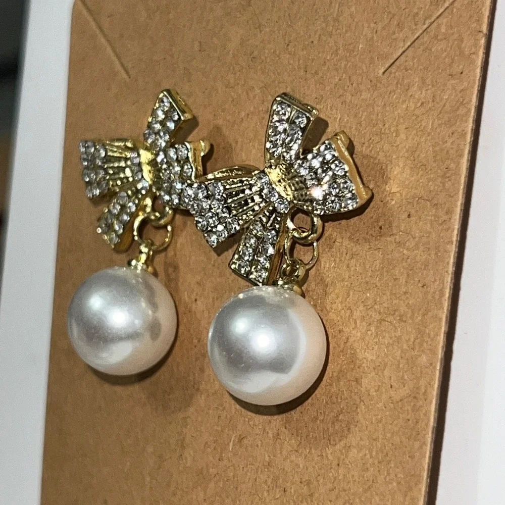 Gold Bow Pearl Drop Earrings Sparkling Rhinestone Dangle Jewelry Women‎